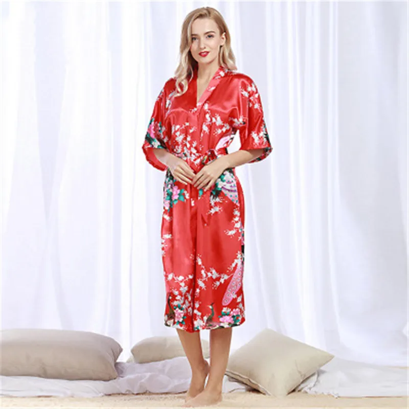 Luxury Sexy Long Satin Robe Faux Silk Lingerie Robes Women's Printing