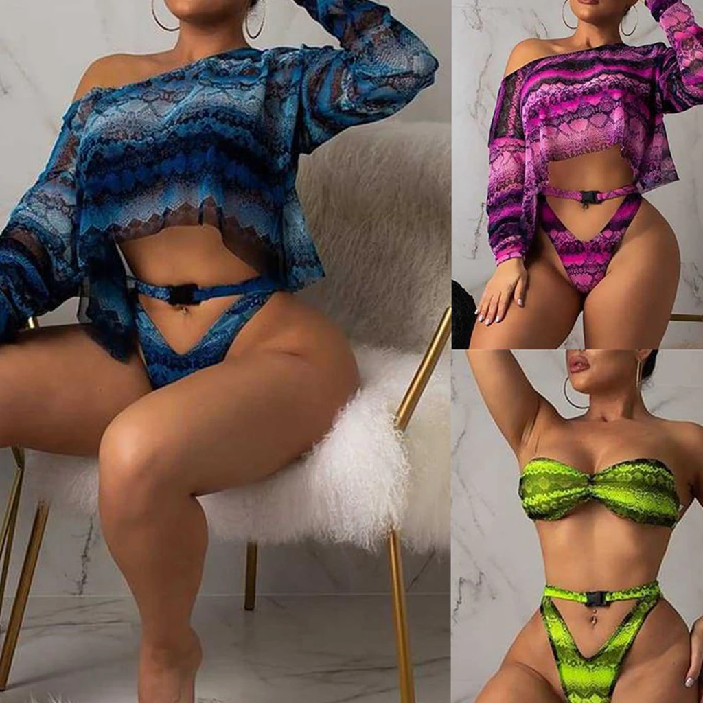 

Summer Women Snakeskin Print Strapless High Waist Bikini Set/Long Sleeve Bikini Cover Up Swimwear Padded Bra Swimsuit Beachwear