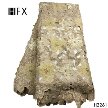 

HFX African Lace Nigeria Lace 2019 Champagne Gold 3d Flowers Beaded Embroidery Cotton Lace Fabric for Wedding Dress X2261