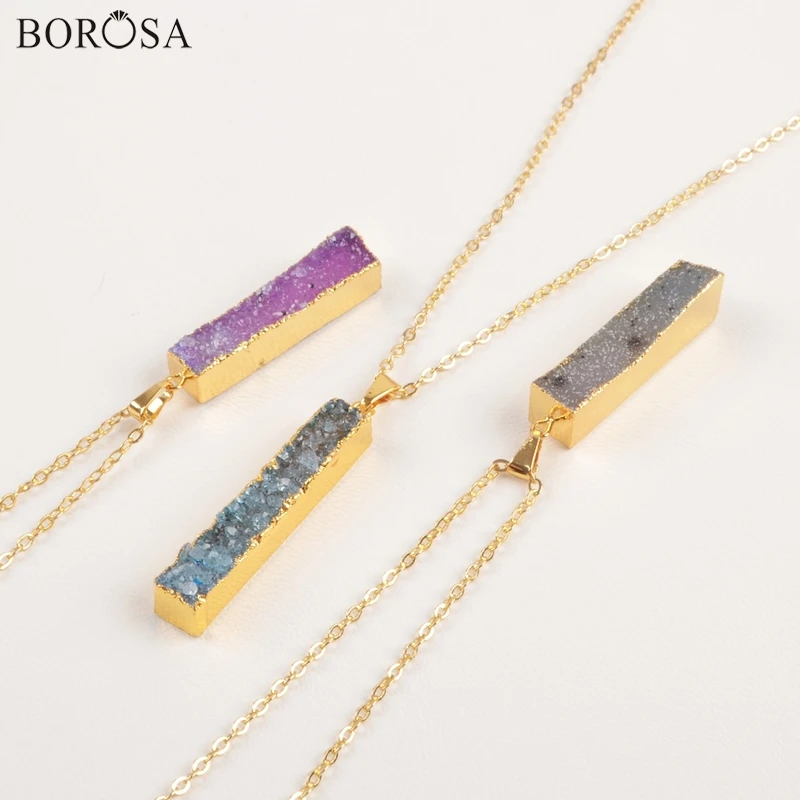 BOROSA прямоугольный натуральный агат Друза подвеска Радуга Кристалл Золотой цвет