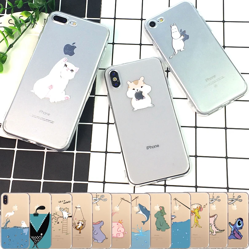 

Lovely For iPhone X Case 5 5S 6 6S 7 8 Plus X XS Max XR For Cover iPhone 7 SE Case Soft TPU For Capa iPhone 8 Case Cat Eat Apple