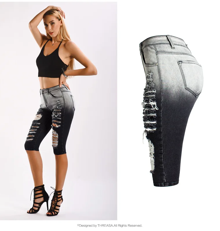 Черные и белые рваные джинсы с панелями женские летние брюки-карандаш до колена женские джинсовые шорты в европейском и американском стиле