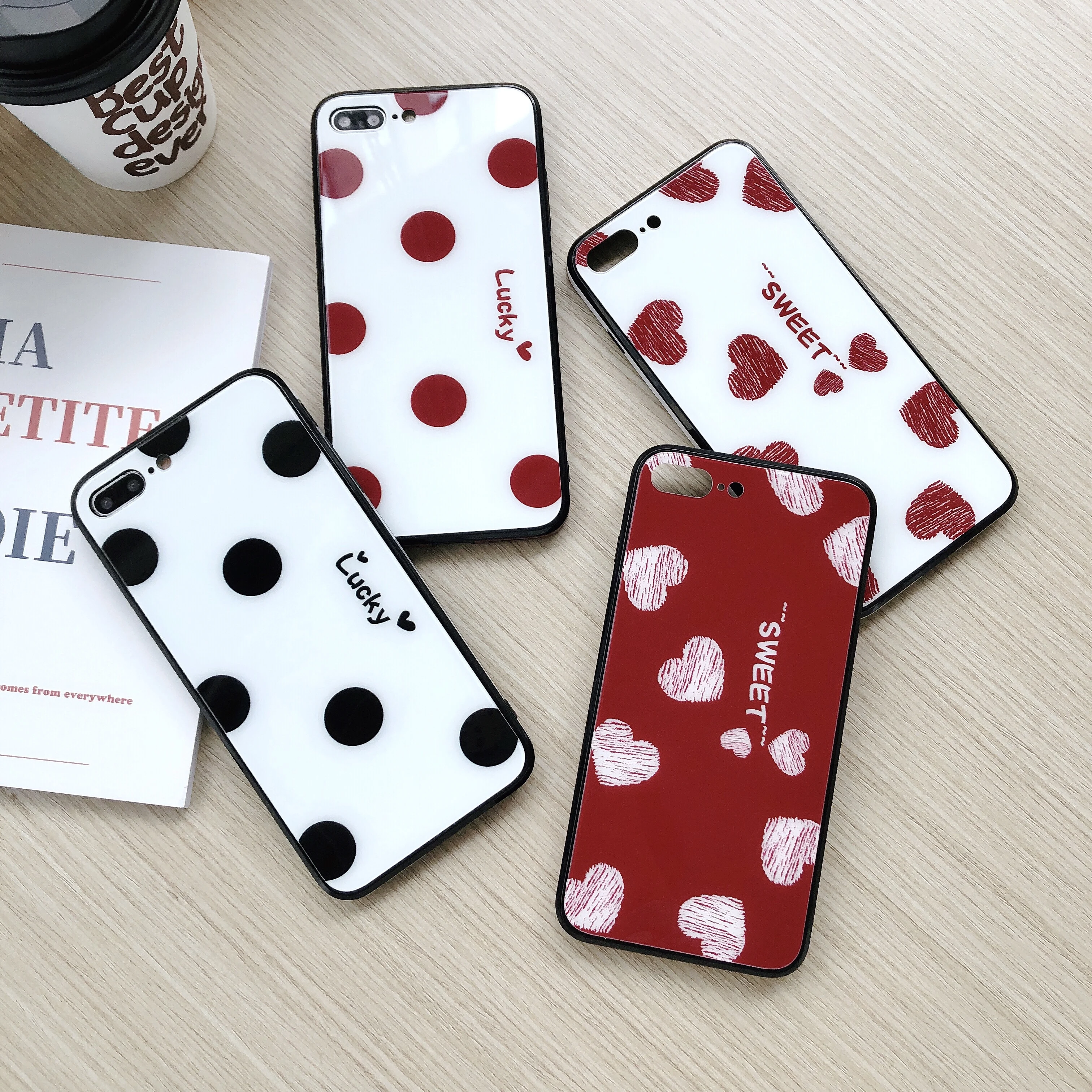 

Lucky Heart Wave Point Temper Glass Case For iphone x xs max xr Mirror silicone Cover For iphone6plus 6s 7 8 Plus Full Film Mask