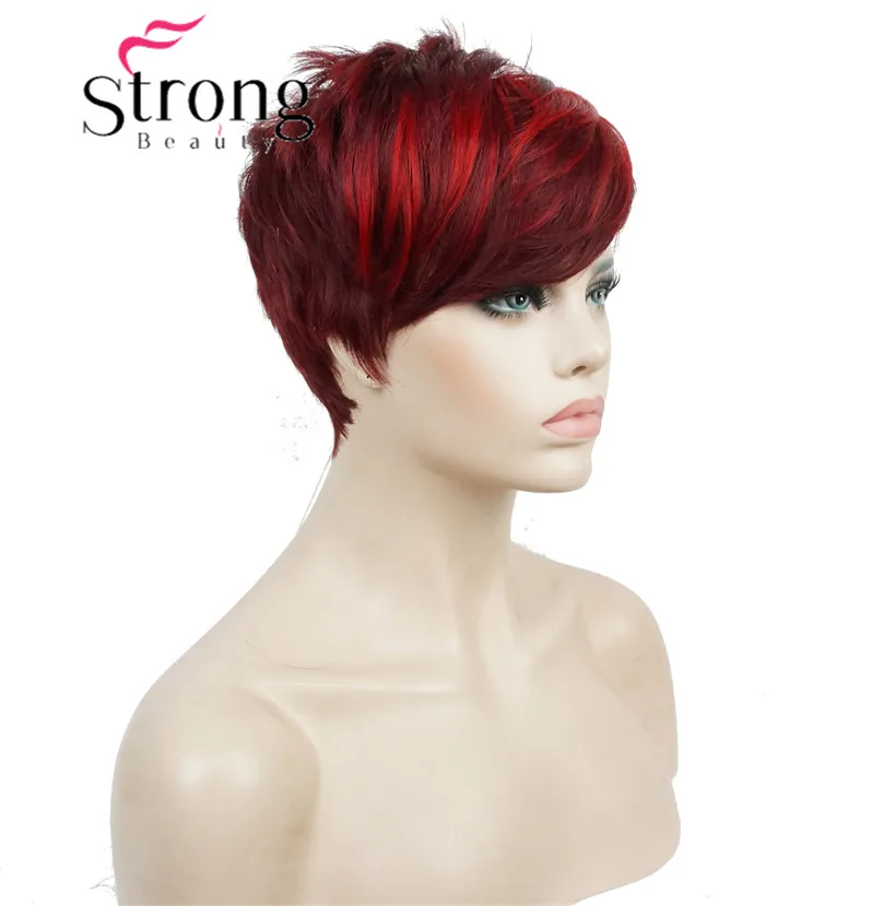 StrongBeauty короткий парик сторона взрыва Asymetrical полный синтетические парики черный и красный цвета выбор - Цвет: Red mix
