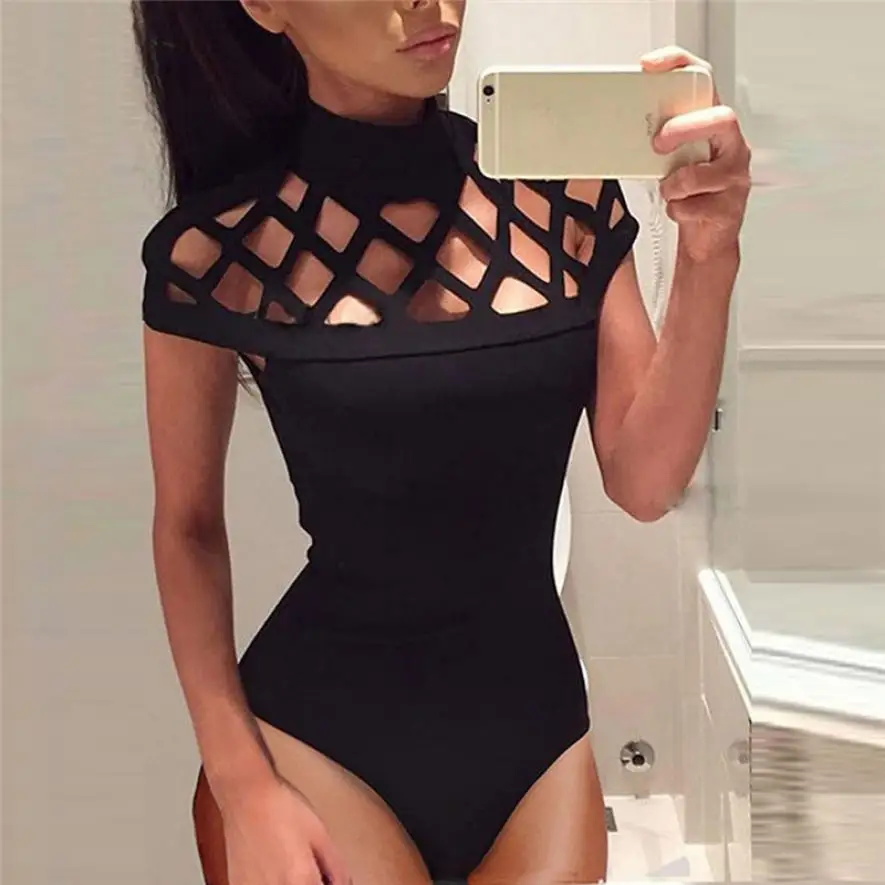 

CHAMSGEND Womens Choker High Neck Bodycon Caged Sleeves Jumpsuit Bodysuit Tops Drop Shipping 1F1*