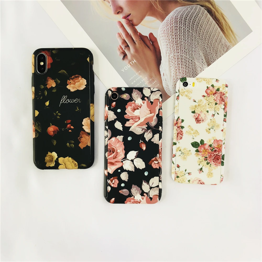 360 Degree Stone Full Protective Hard PC Shell Capa Girl Models Vintage Rose Flower Cases for IPhone 6 6S 7 8 Plus 5 SE X Case |