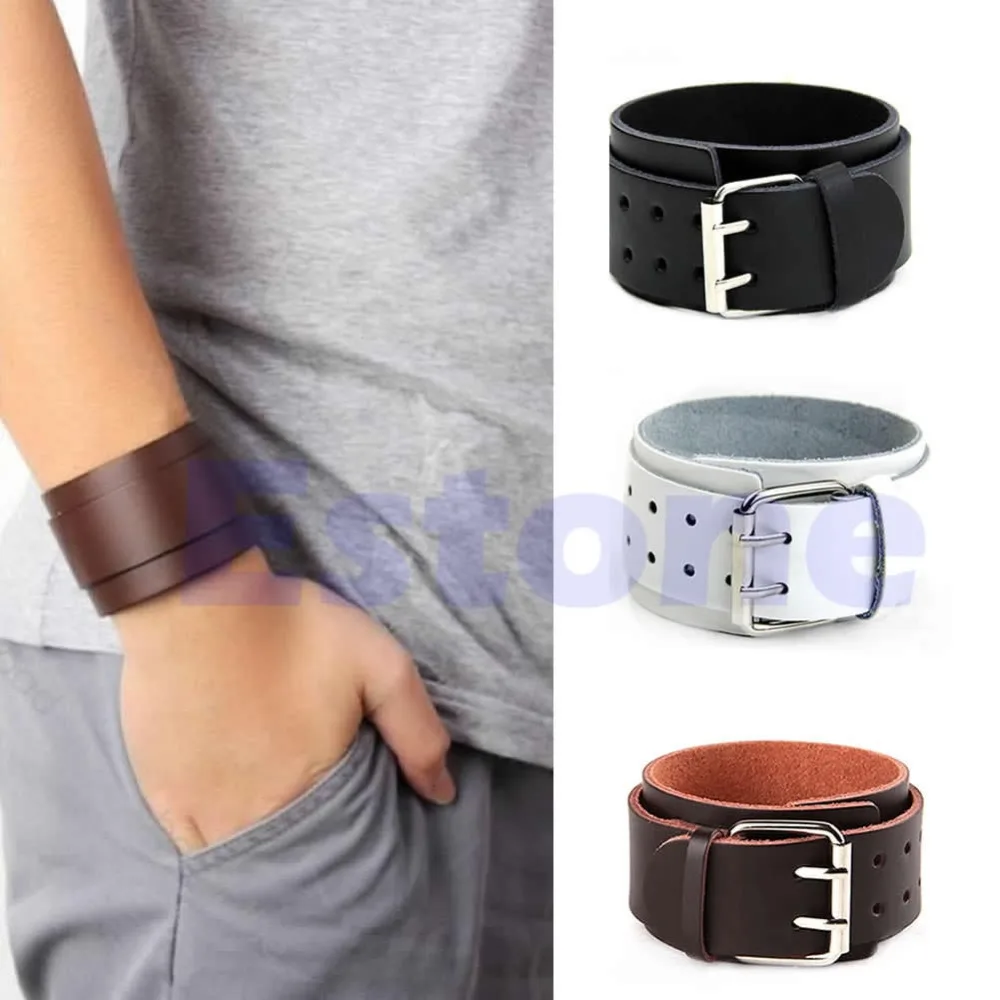 Adjustable 2 Layer Men Faux Leather Wristband 2 Buckle Cuff Bangle Bracelet t15in Charm