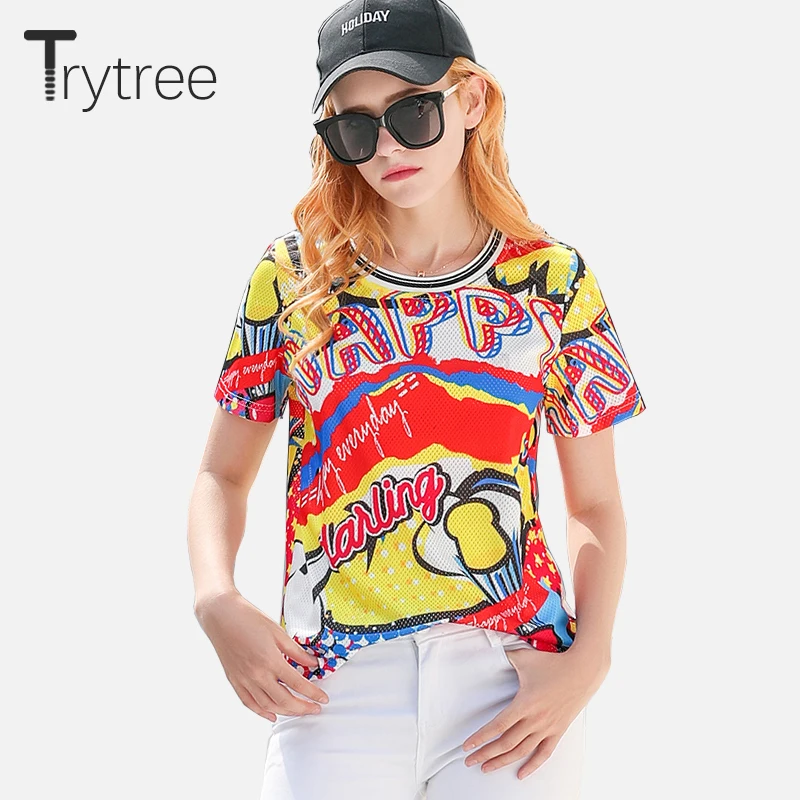

Trytree Summer Casual Women T-Shirt Female Fun Printed Multicolor O-Neck Mesh Top High Street Fashion t-shirt Women dropshipping