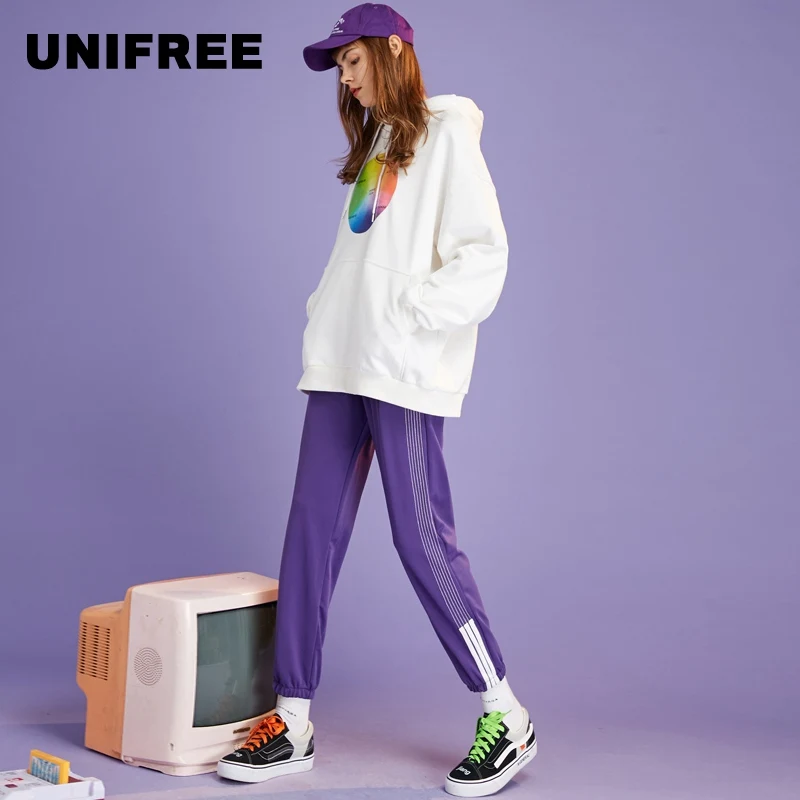 UNIFREE 2019 Лето Новое поступление фиолетовые брюки женские боковые полосы