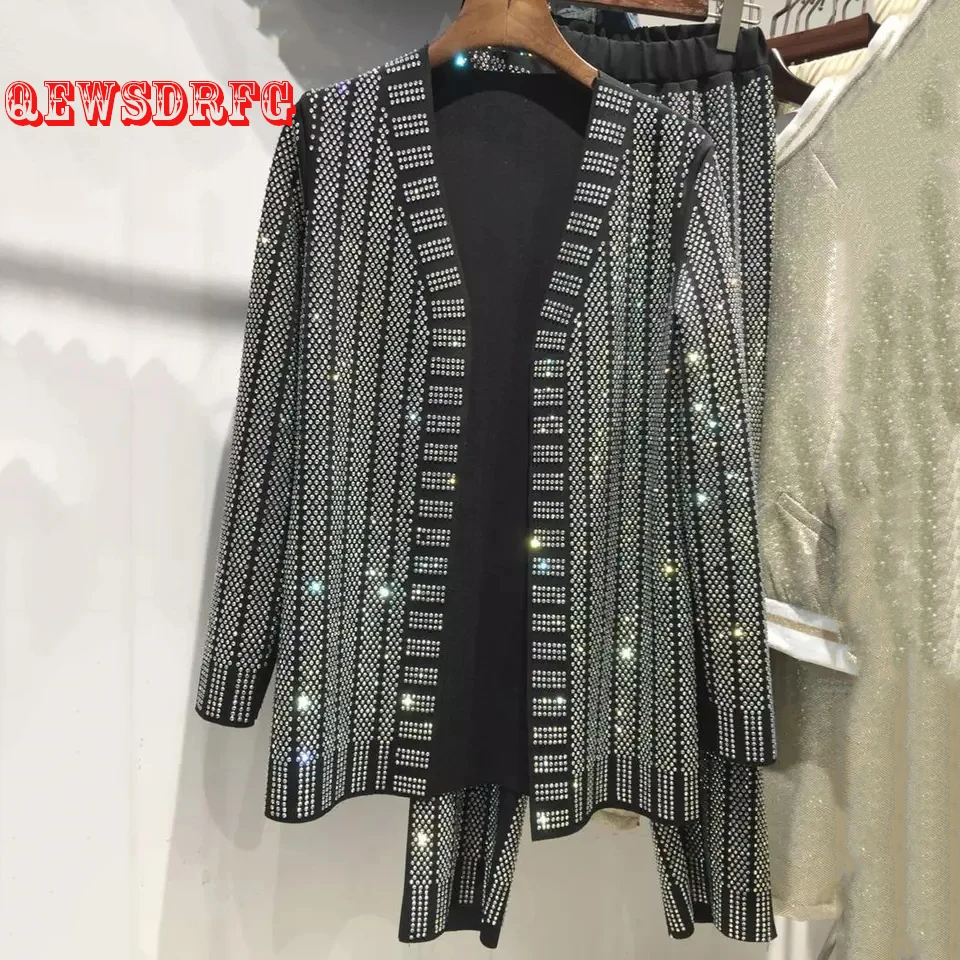 

Woman Suit Diamond Splice Color Matching V-Neck Coat Diamond Long Pants Two Piece Set 2019 New Fashion Leisure Loose