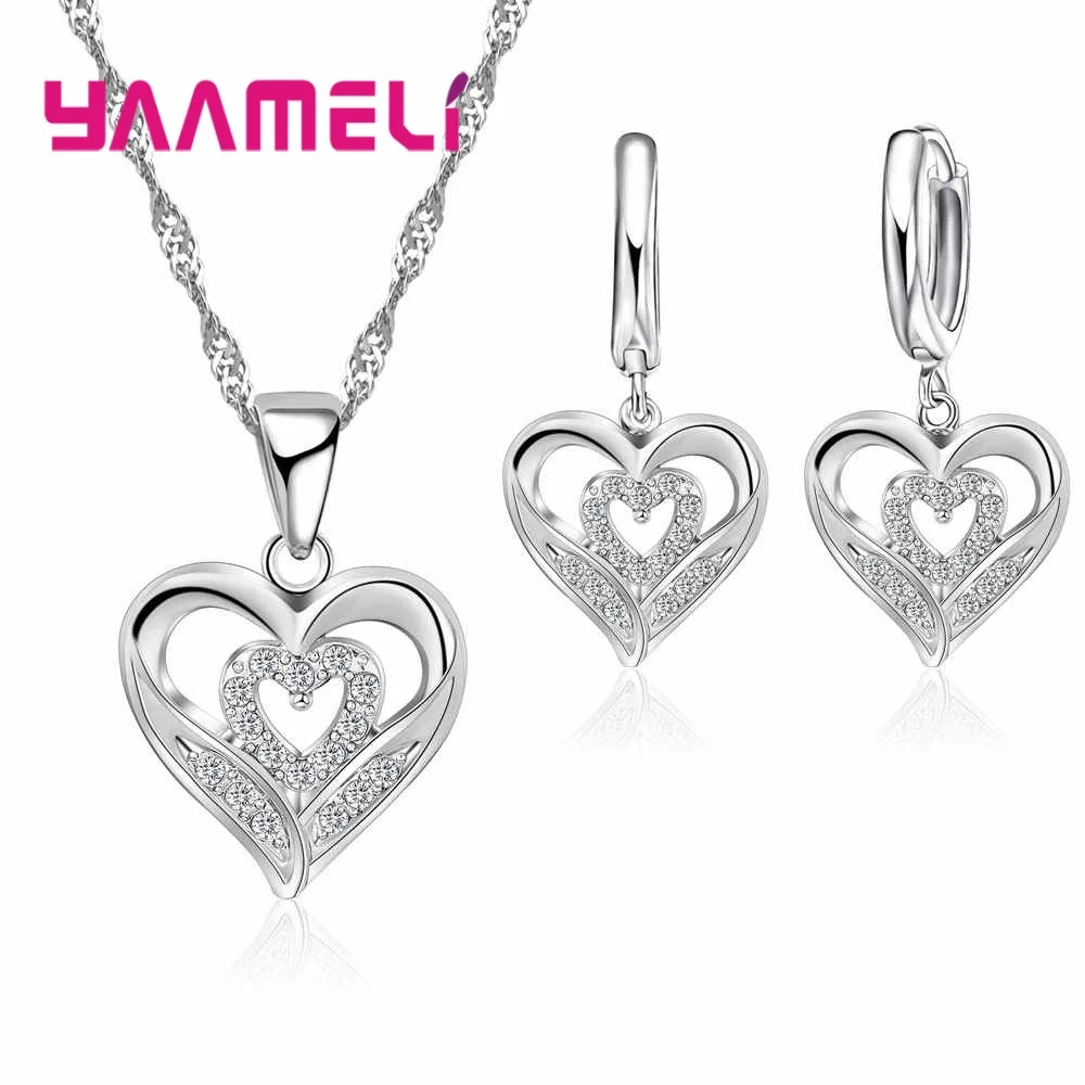 

Romantic Two Sweet Hearts Jewelry For Women Valentines' Day Gifts 925 Sterling Silver Necklace/Pendants/ Earring Sets