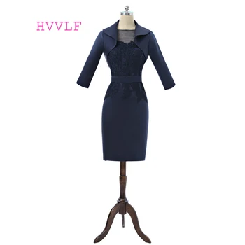 

Navy Blue 2019 Mother Of The Bride Dresses Sheath Satin Lace Knee Length With Jacket Groom Plus Size Mother Dresses For Wedding