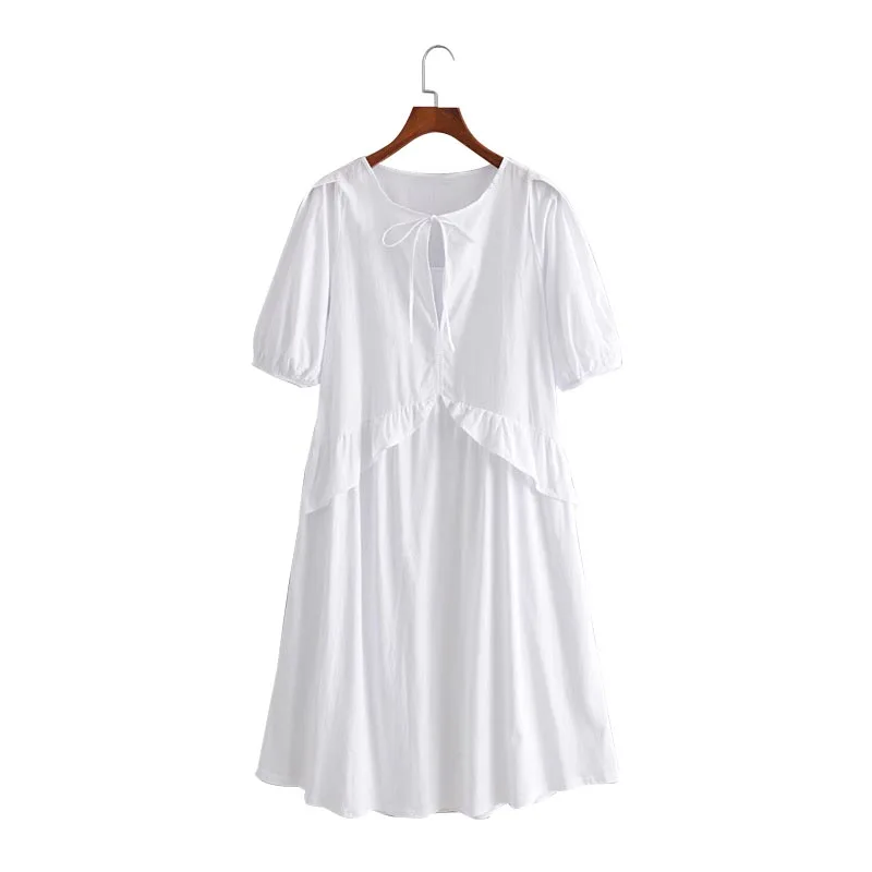 

QZ215 Summer Design Front Ruffles Deco Short Sleeve Loose Design White Dress Womens Match All Fairy Vestidos