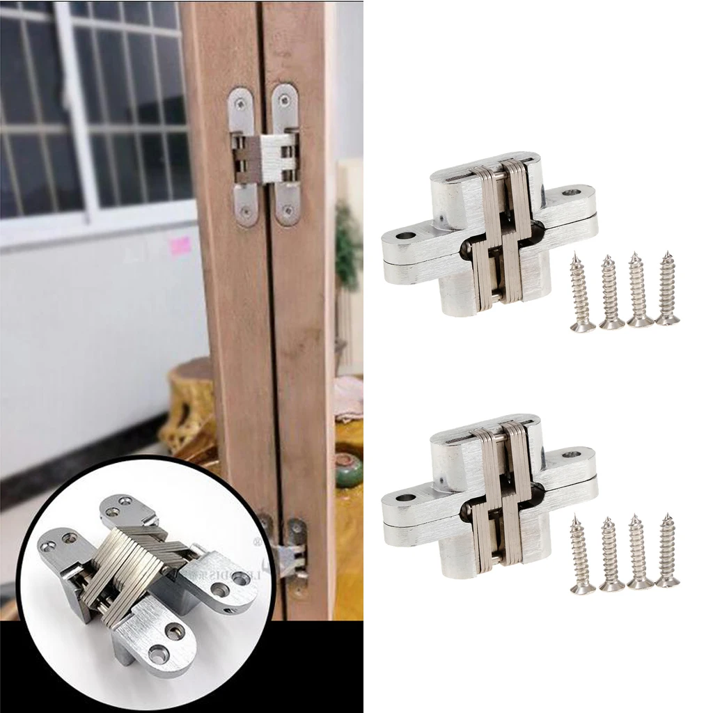 Invisible Concealed Cross Hinges Wooden Doors,Zinc Alloy,Satin Nickel Finish,Pack of 2