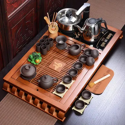 Высококачественный оптовый китайский чайный набор кунг-фу четыре в одном электромагнитная печь чай Тайвань твердый деревянный чайный поднос - Цвет: 17 Set