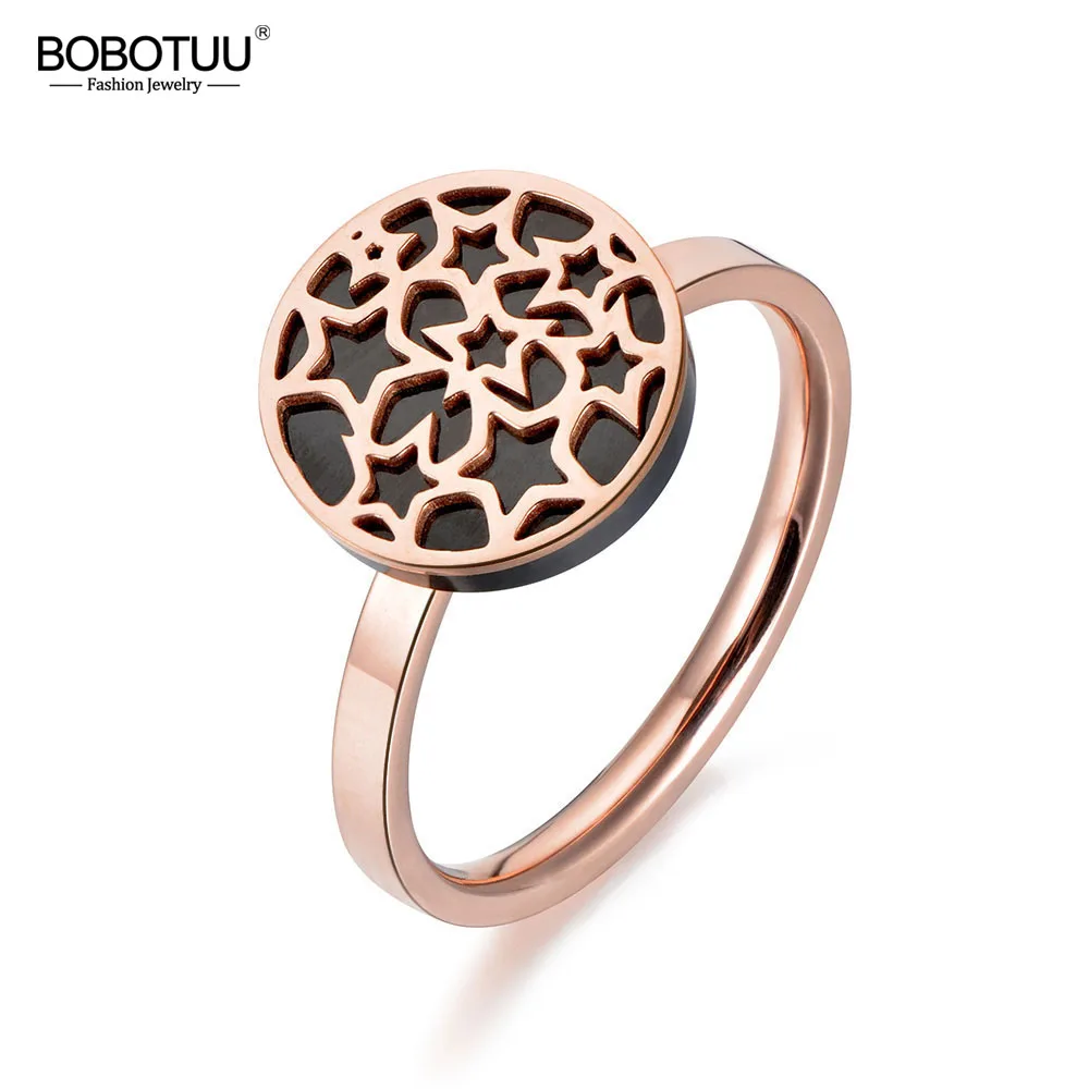 

BOBOTUU Classic Rose Gold Color Geometry Star Ring Jewelry Trendy Titanium Steel Acrylic Wedding Rings For Women Anel BR18030