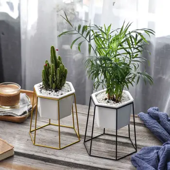

Geometric style Gold Iron Desktop Decoration Rack Holder Small Ceramic Planter Ceramic Succulents Herb Pot Plant Flower Pot Set