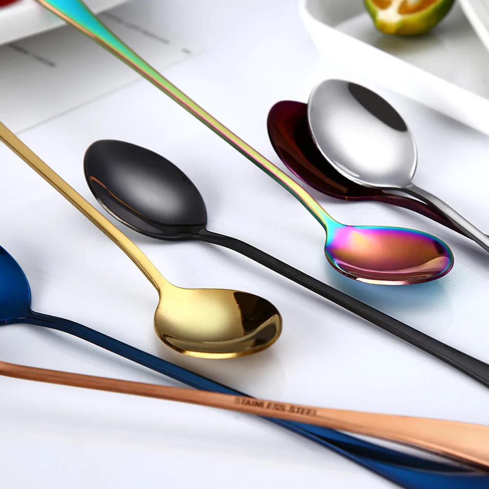 

2019 New Round head long handle Colorful Spoon Long Handle Spoons Flatware Coffee Drinking Tools Kitchen Gadget Teaspoons