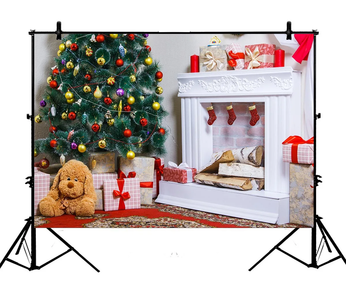 

5x7ft White Fireplace Christmas Tree Red Blanket Dog Gift Polyester Photo Background Portrait Backdrop