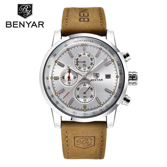 Мужские часы BENYAR, модный бренд, спортивные кварцевые часы, кожаный Хронограф, водонепроницаемые часы, военные мужские часы horloges mannen - Цвет: Розовый