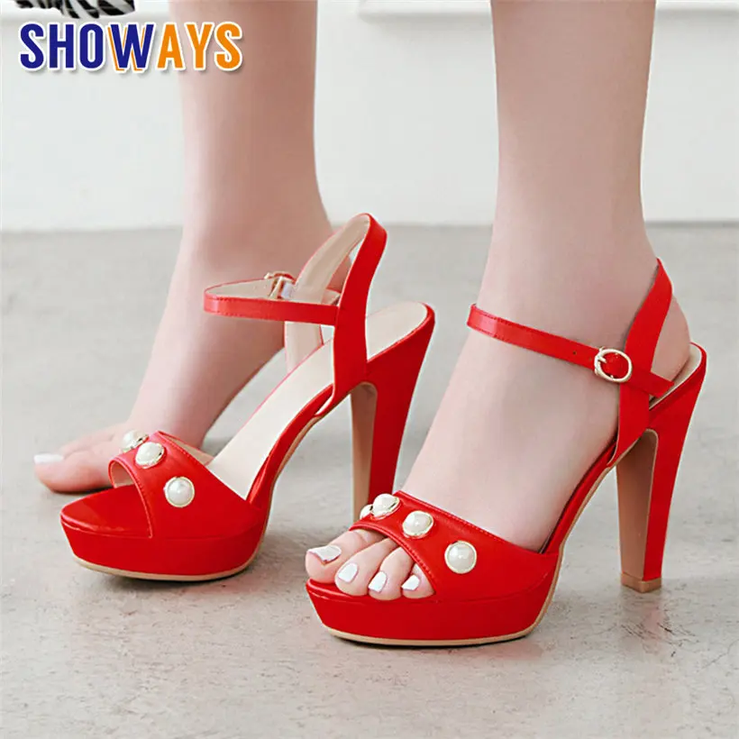 

Pink Wedding Women Platform Sandals High Chunky Heel Red Black Satin Party Dress Office Lady Sexy Summer Pearl Ankle Strap Shoes