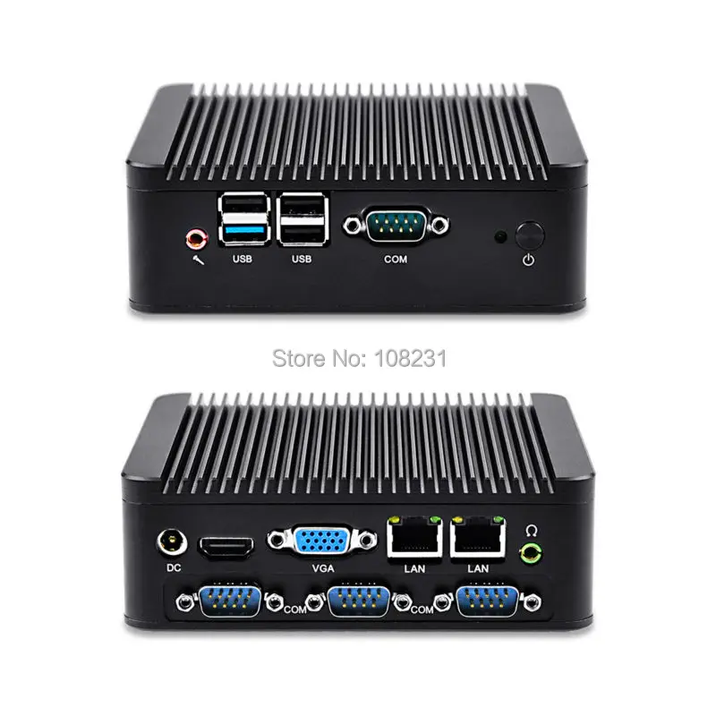 QOTOM Fanless industrial mini pc linux ubuntu, 2GB RAM, mSATA SSD, HD Vidro port, VGA, 2 LAN, 4 USB, 4 COM, 2 LAN mini pc x86