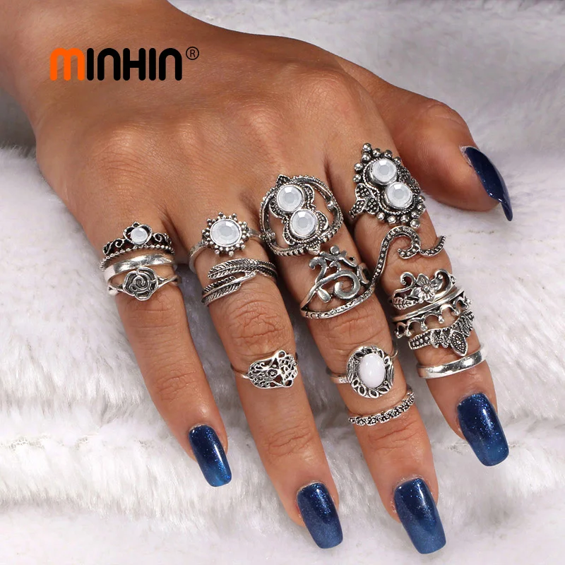 

MINHIN 16 PCS/Set Vintage Knuckle Opal Finger Ring Set Flower Heart Design Rings For Women Ethnic African Wedding Jewelry