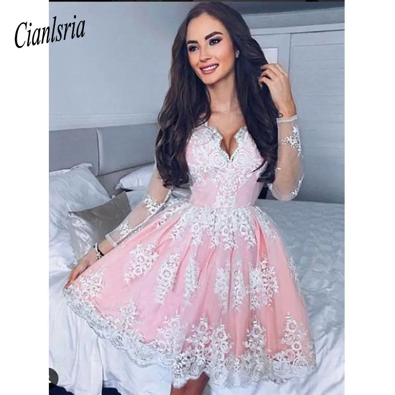 ТРАПЕЦИЕВИДНОЕ ПЛАТЬЕ С v-образным вырезом и длинными рукавами, короткое розовое платье для выпускного вечера с коктейльные платья с аппликацией