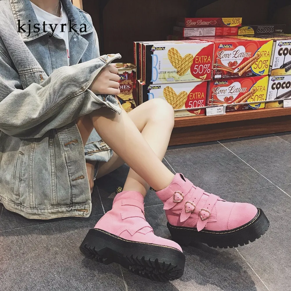 

Kjstyrka botas botines mujer 2018 winter autumn women boots fashion high top Heart buckle pink thick bottom ladies bota feminina