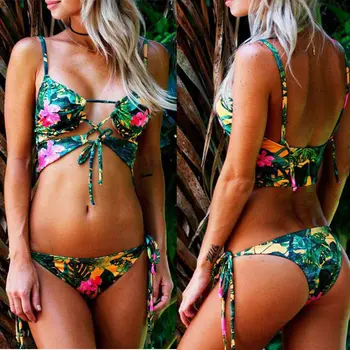 

Women Cut Out Bikinis Set Floral Push Up Bikini Bandage Monokini Swimsuit Bathing Swimwear Beach