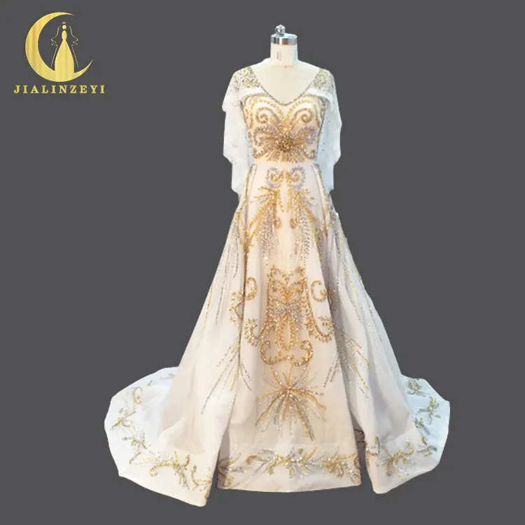 

Real Pictures Sexy Luxurious V Neck Gold Beads and Sliver Cape Floor Length Party dresses Hot Sale Evening dresses