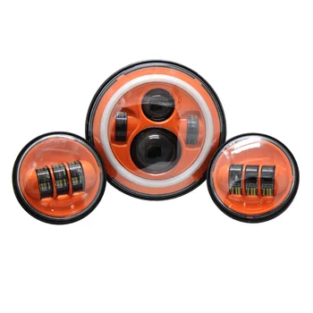

7" Moto Orange HALO Headlight + Dual 4.5 Inch - 4 1/2" Auxiliary AUX Orange Spot Passing LED Fog Lights Bulb For Harley SET