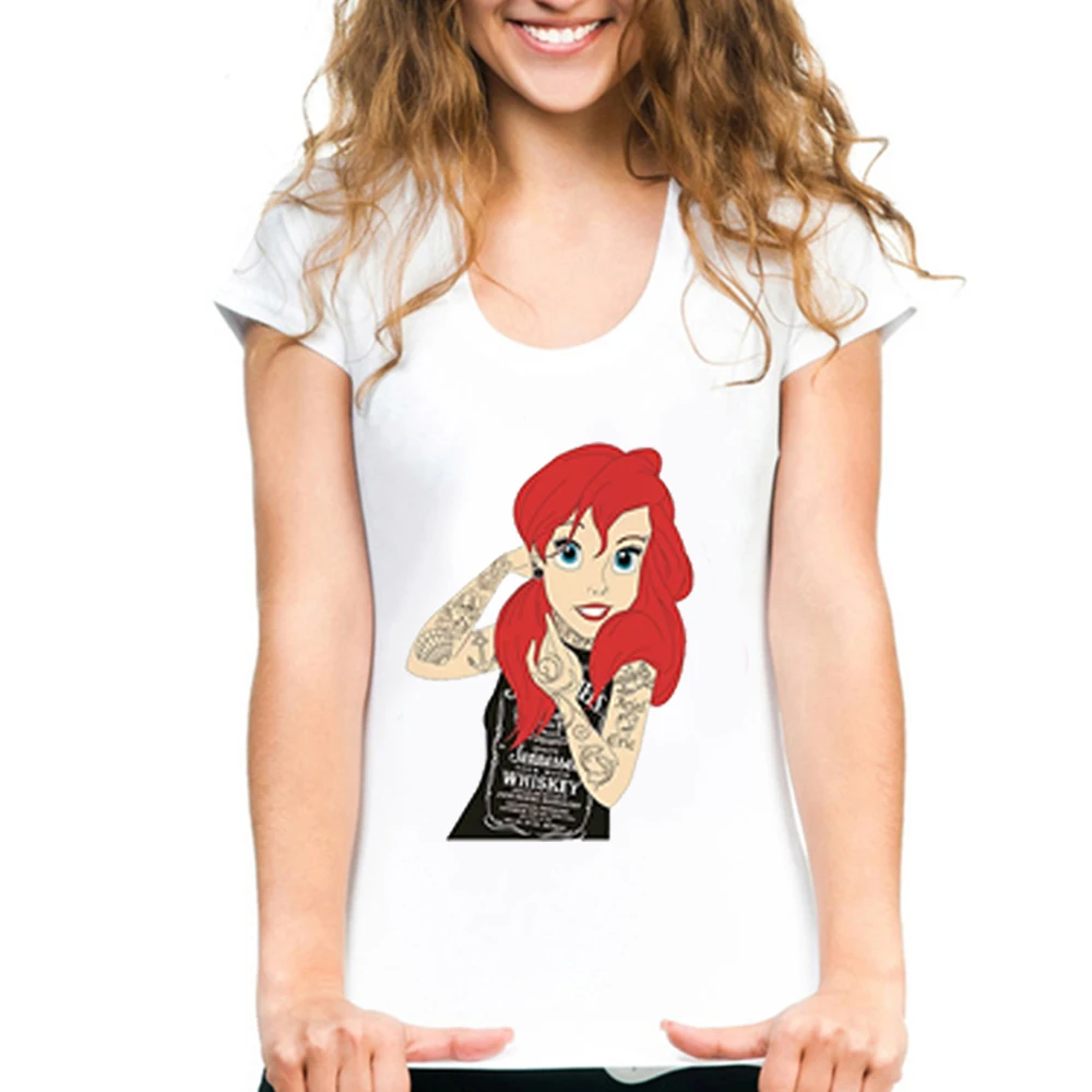 Женская футболка с принтом Русалочки, забавная футболка с надписью «Bad Girl Ariel», летняя повседневная футболка с коротким рукавом и рисунком из мультфильма для девочек, модная футболка в стиле панк с татуировкой - Цвет: Picture-1