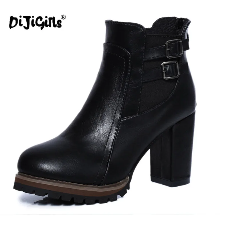 

DIJIGIRLS Fashion Classic Sexy Women Shoes Thick High Heel Double Buckle Knight Ankle Boots Autumn Winter Ladies Shoes