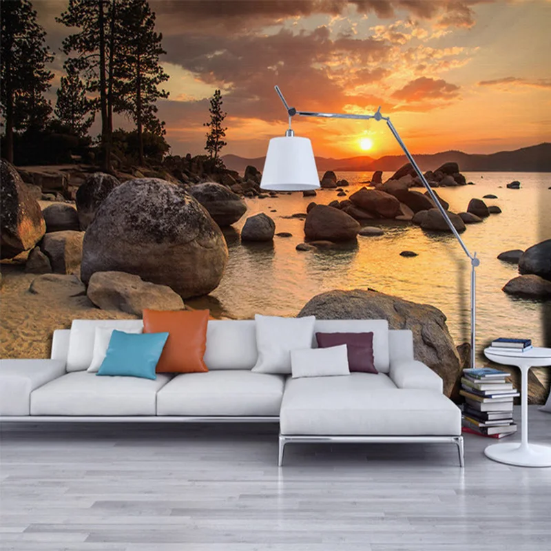 Custom 3D Beautiful Sunset Rock Seaside Landscape Murals Nature Wallpaper Restaurant Cafe Bedroom Living Room Home Decor Mural