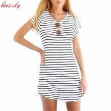 Lovesky New Women Crew Neck Short Sleeve Striped Loose T-Shirt Mini Dress Sundress Plus Size Women Beach Summer Dress Wholesale
