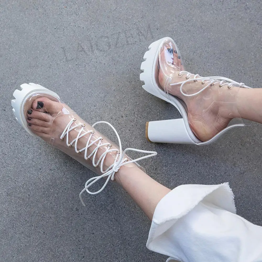 LAIGZEM FASHION Women SUMMER Transparent Clear Ankle Boots Chunky Heels Short Boots Ladies Botines Mujer Small Big Size 33-41