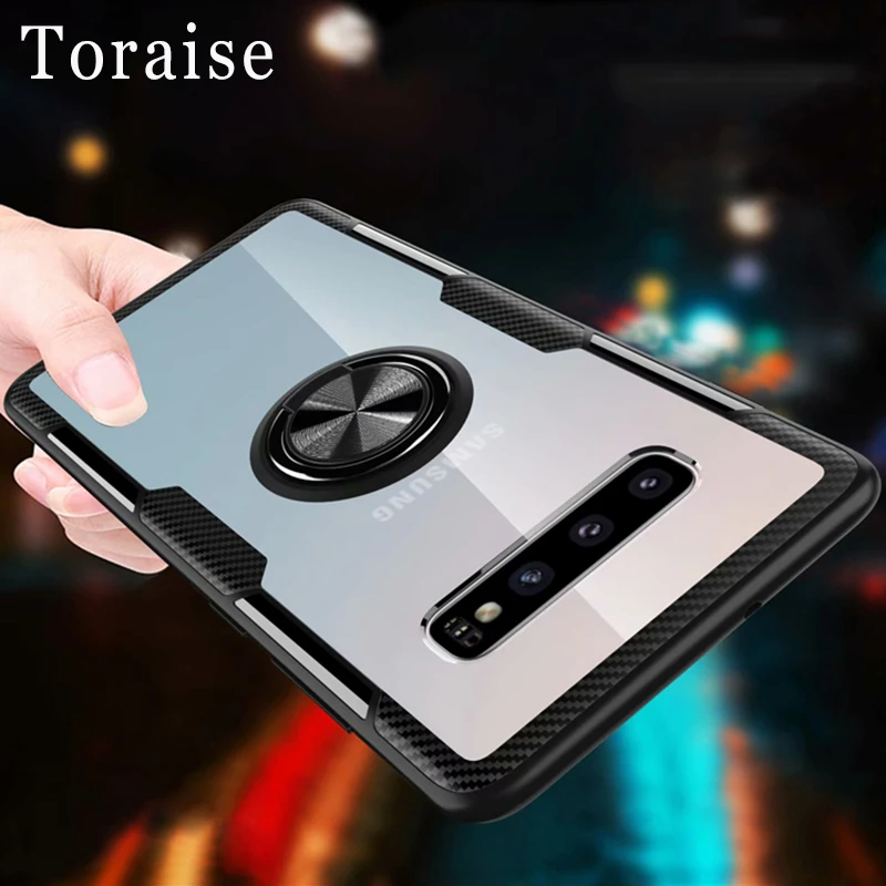 

Toraise For Samsung Galaxy S10 Plus Case Ring Stand Magnet Transparent Back Cover For Samsung s10e s10+ Silicone Bumper Case