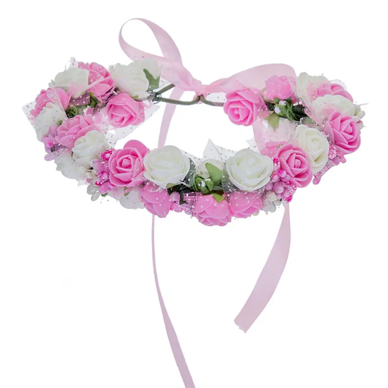 Женский ободок цветы на голову AWAYTR корона с цветами для девочки Венок Свадебные аксессуары для волос Двойная Пена роза цветочный ободок - Цвет: Розовый