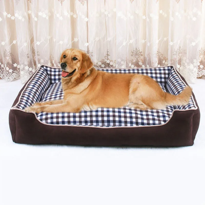 Pawstrip 4 Size Plaid Pet Dog Beds Winter Warm Large Dog Bed House Detachable Wash Puppy Cushion - Цвет: Brown