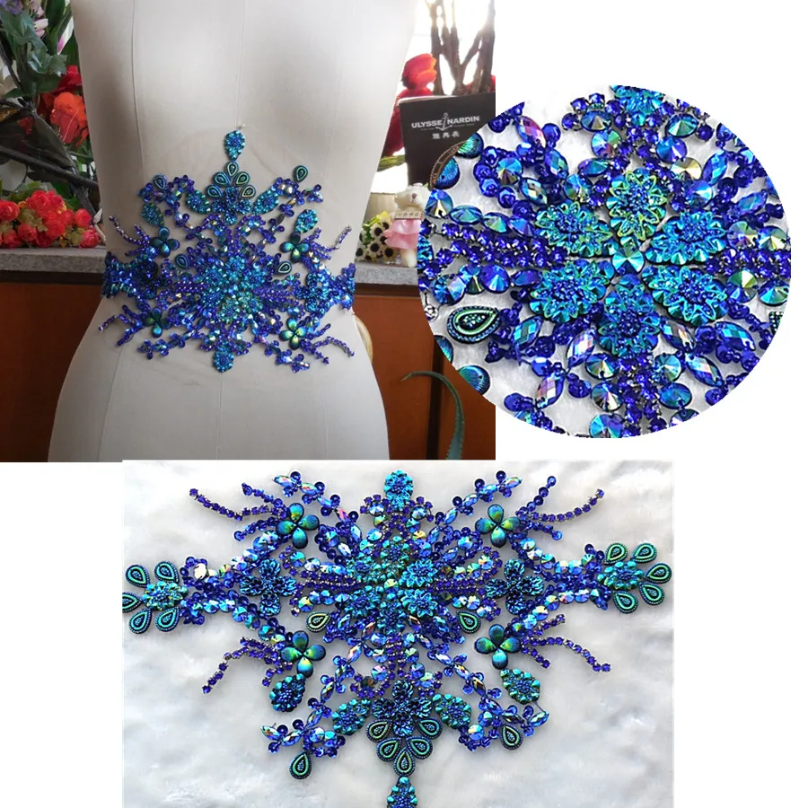 bi.Dw.M,Creative Rhinestone Appliques Patch 35x22cm Blue Royal Beaded