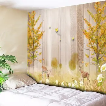 

Chic Natural Scenery Print Wall Tapestry Elk Flower Wooden Grain Decorative Wall Carpet Hanging Bohemian Fabric Background Cloth