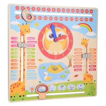 

children's Educational Wooden Clock Toy Calendar Board Teaching Clock Show Calendar Chart Date Season Weather Kids Cognitive Toy