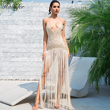 

Halinfer 2018 New summer women dress sexy bodycon v neck tassel bandage dress chic evening party apricot black dresses vestidos