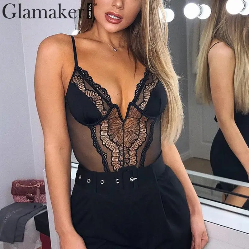 Женское прозрачное Сетчатое боди Glamaker черное без рукавов в стиле пэчворк