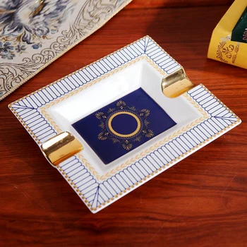 

High-end Emerald gold Gadgets European Pattern Two Holder Ceramic Cigar Ashtray W/ Original Gift Box