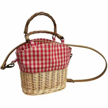 

New straw knitting holiday handbag straw rattan red plaid canvas splicing shoulder bag Woven Crossbody Basket bag With Capacity