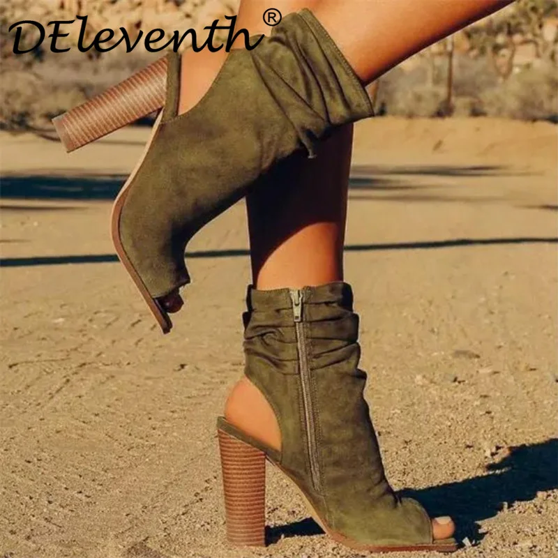 

DEleventh new spring women's shoes 2019 peep toe booties high heels woman shoes ankle boots zipper slingbacks fold sandals green