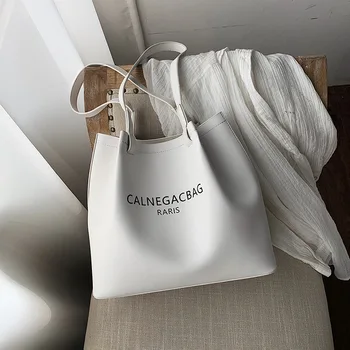 

Literary alphabet PU leather tote bag new large capacity bucket bag fashion solid color wild shoulder messenger bag female