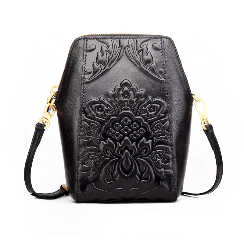 100% Genuine Leather Small Shoulder Bags Cell Phone Case Pouch Embossed Chinese Style Sling ...